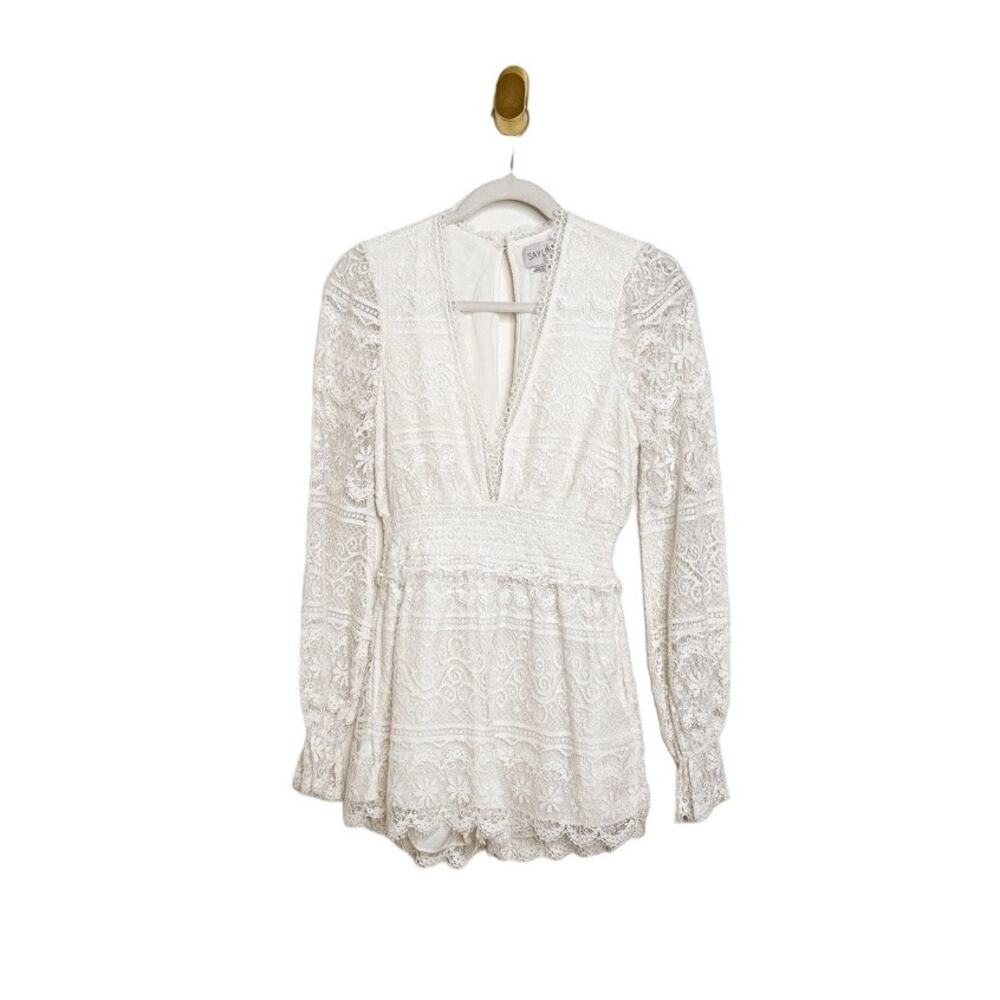 Saylor White Eyelet Lace V Neck Romper Long Sleeve Small